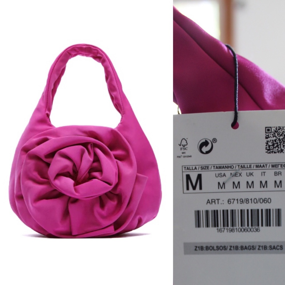 Zara NWT Fuchsia Pink Mini Tote bag with Flower Detail